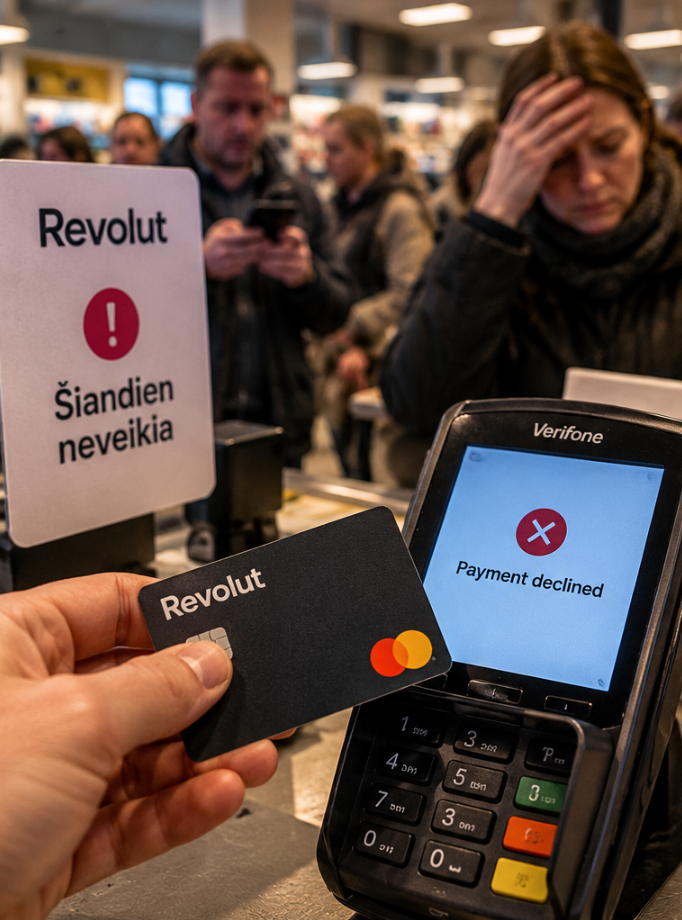 Pirkėjas parduotuvėje su Revolut kortele, terminale – „Payment declined“