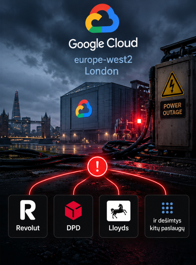 Google Cloud europe-west2 Londono duomenų centras be elektros, paveikti Revolut, DPD, Lloyds